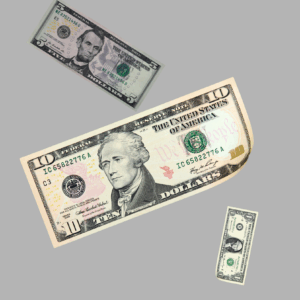Image of $1, $5, & $10 bills drifting in gray space to show that you can pay in cash at Nature's Gifts.