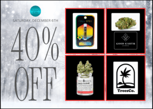 Postcard-size flyer advertising the four featured vendors for this saturday's sale - Full Spec, Good Earth, TreesCo,. and Fire Bros. The Nature's Gifts logo is displayed above the text which reads "40% off Saturday, December 6th." You can find stacks of these flyers on the countertops in our store, and you are free to take one as a reminder of the upcoming sale.