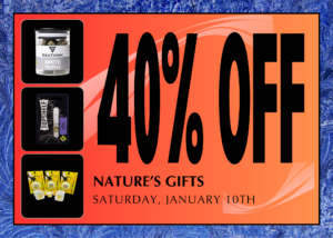 Free weekly sale flyer featuring Top Shelf, Lazy Bee Gardens and Sea Town for 40% off - Saturday, January 10th.