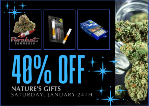 This week's deals include flower, pre-rolls, and vape cartridges, and concentrates from Falcanna, Rocket Cannabis, and Skord - 40% off this Saturday, January 24th.